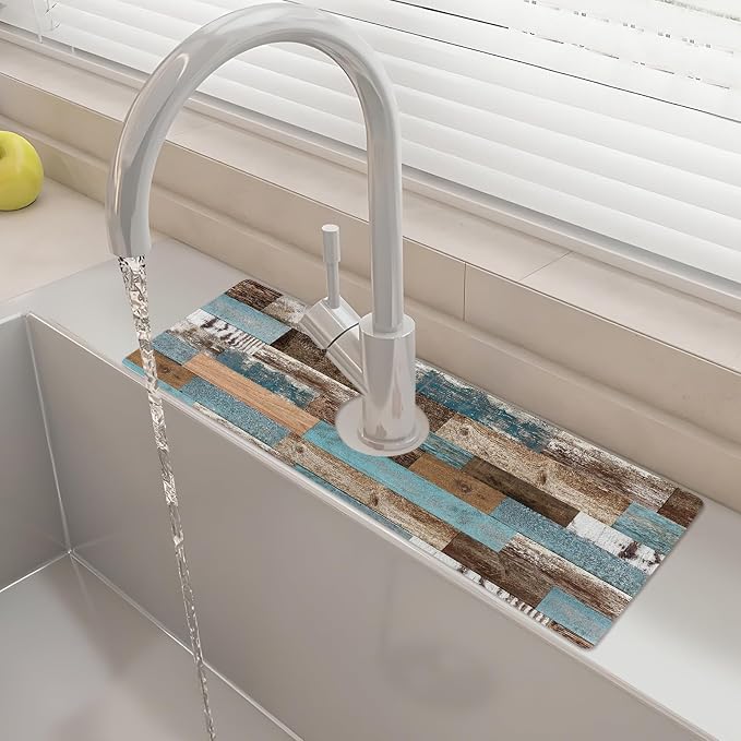 15" X 5.5" Kitchen Sink Splash Guard Faucet Mat Wood Grain Super Absorbent Fast Drying Faucet Guard & Draining Mat Sink Splash Guard Behind Faucet for Kitchen, Bathroom