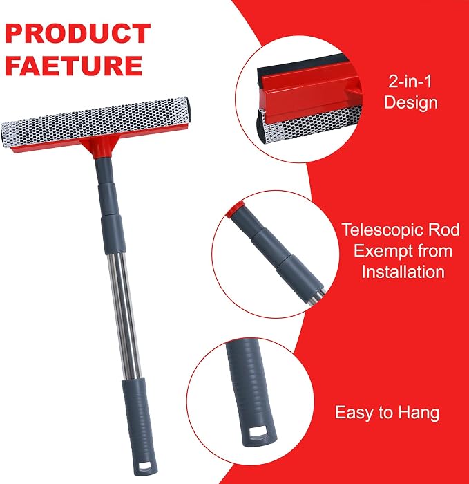 Window Squeegee with 19-37" Long Handle, 2 in 1 Window Cleaner Tool with TPR Squeegee&Sponge for Car Windshield, Shower Glass, Glass Doors, Outdoor Windows, High Windows
