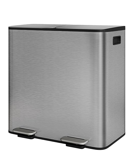 GarveeHome 2 x 10.6 gal Stainless Steel Double Trash Can with Lid for Kitchen, Large Dual Trash and Recycle Bin Combo, Step-on Kitchen Metal Garbage Cans, PP Inner Buckets, Liner Rim, Matte Grey