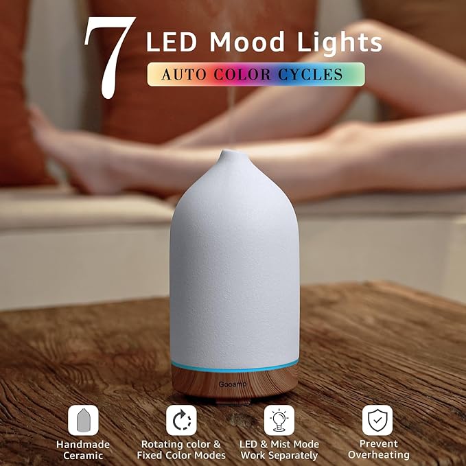 200ML Ceramic Essential Oil Diffuser for Home, Stone Diffuser | Ultrasonic Aromatherapy Diffuser & Air Humidifier for Bedroom, Office, Yoga, 7 LED Lights, Auto Shut-Off, 3 Timers,Wood Grain
