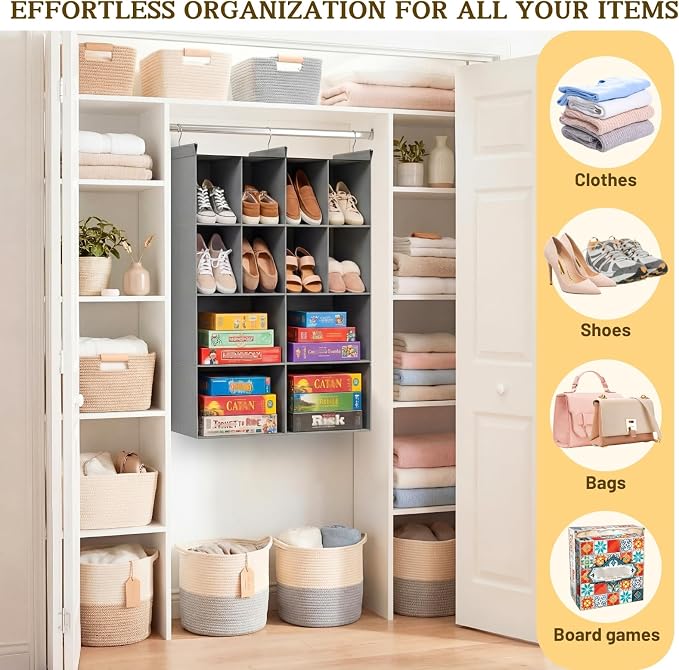 4 Tier Hanging Closet Organizer, 12 Compartments Dual Row Storage, Grey | Closet Organizers and Storage with Large & Small Cubbies, 3 Sturdy Hooks Support Heavy Loads, for Dorm, RV, Garment Rack