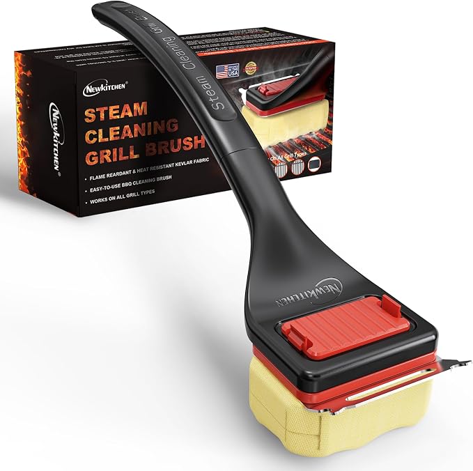 Bristle Free Grill Brush with Scraper, Safe Steam Clean BBQ Grill Cleaner, Long Handle Replaceable Head Grill Cleaning Brush for Outdoor Grill