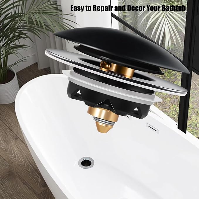 Anlige Bathtub Drain Stopper, Pop Up Tub Stopper and Cover, Bottom with Hair Catcher, Universal for 1.45 to 1.8in Drain, Replaces Old Drain Plug, Matte Black