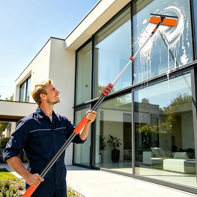 30FT Telescoping Window Squeegee Kit | 2-in-1 Window Washer & Microfiber Scrubber with Extension Pole | High Reach Cleaning Tool for Outdoor, Indoor Windows & Glass