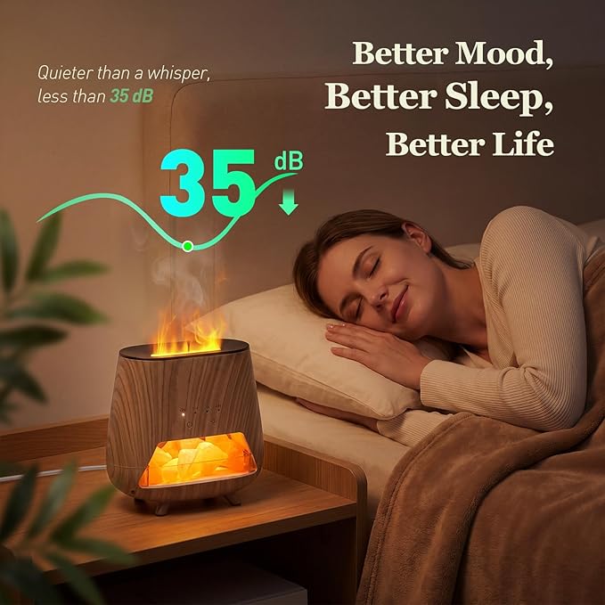 Essential Oil Diffuser for Home: 𝟒-𝐢𝐧-𝟏 Himalayan 𝐒𝐚𝐥𝐭 Lamp | Aromatherapy Diffuser with 𝟗-𝐂𝐨𝐥𝐨𝐫 Flame LED - 200ml Cool Mist Humidifier - Auto Off for Bedroom, Office & Yoga