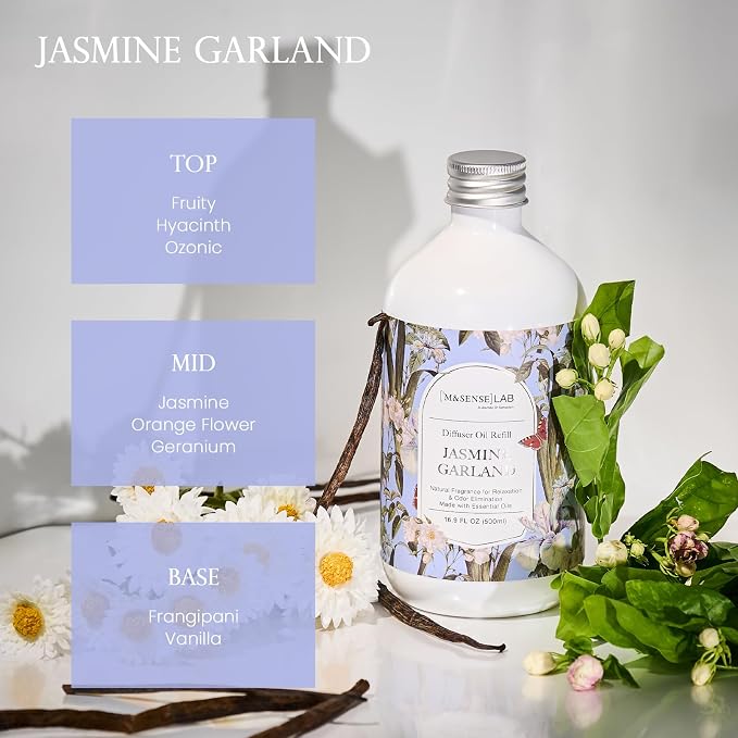 M&SENSE Reed Diffuser Set, Jasmine Garland, 17oz Natural Essential Oil | Non-Toxic Organic, Long-Lasting Fragrance, Ideal for Bathroom, Bedroom, Gifts for Women