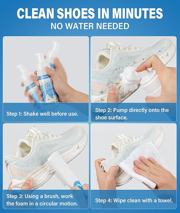 Shoe Cleaner, No-Rinse Deep-Cleaning Foam, Revives White Sneaker Fast | 6.76 oz Shoe Cleaning Kit with Soft Brush and Microfiber Towel for Leather, Canvas, Mesh, Knit and Rubber & More