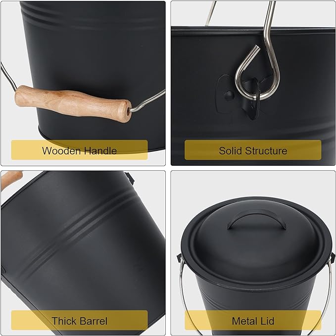 Mini Ash Bucket with Lid, Fireplace Ash Bucket - Black | 1.5-Gallon Ash Bucket With Lid and Shovel and Hand Broom, Metal Ash Bucket for Fireplace, Fire Pit, Wood Stove