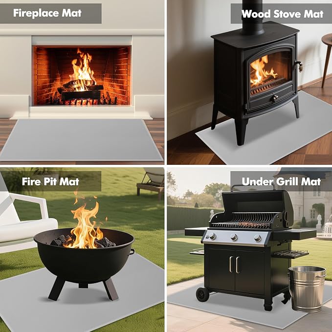 Hearth Rugs for Fireplaces Fire Resistant, 4' x 2'4" x 0.04'', Grey | 1800°F fireplace mat, fiberglass fireplace rugs fireproof protect floors carpets from sparks embers, easy to clean, versatile