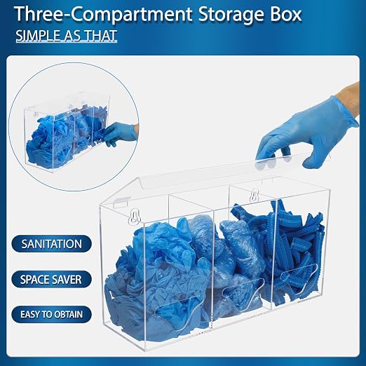 SEANADO Clear Acrylic Glove Holder Dispenser with Lid, 3 Compartments Hygiene Station Storage Box for Beard Nets, Hairnets, Plastic Bags, Shoe Cover - Wall Mount or Tabletop