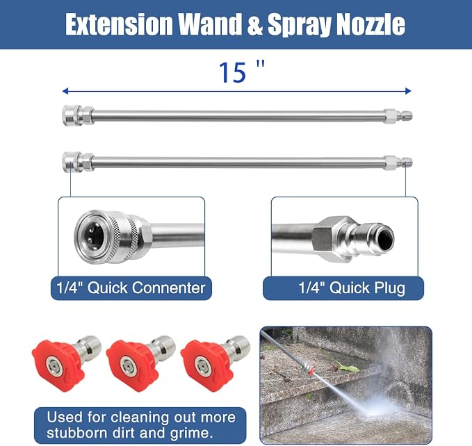 JANZ 14'' Pressure Washer Surface Cleaner | 4 Wheels, Stainless Steel Housing, 1/4'' Quick Plug, 2 Extension Wands, 2 Replacement Nozzles and 3 Spray Nozzles,4000 PSI