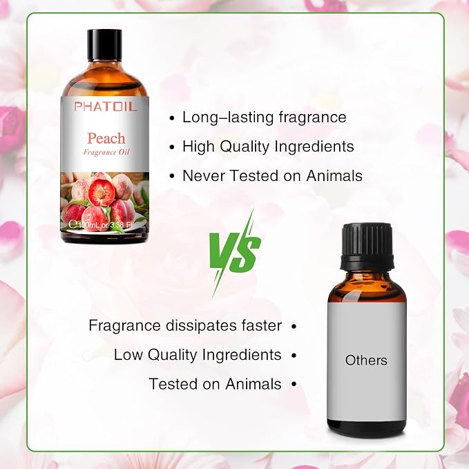 PHATOIL Peach Fragrance Oil for Diffuser Aromatherapy 3.38FL.OZ | Long Lasting Scented Oils For Humidifier, Air Freshener, DIY Soap Candle, Scent Project Making, Aroma Oil for Home Freshening