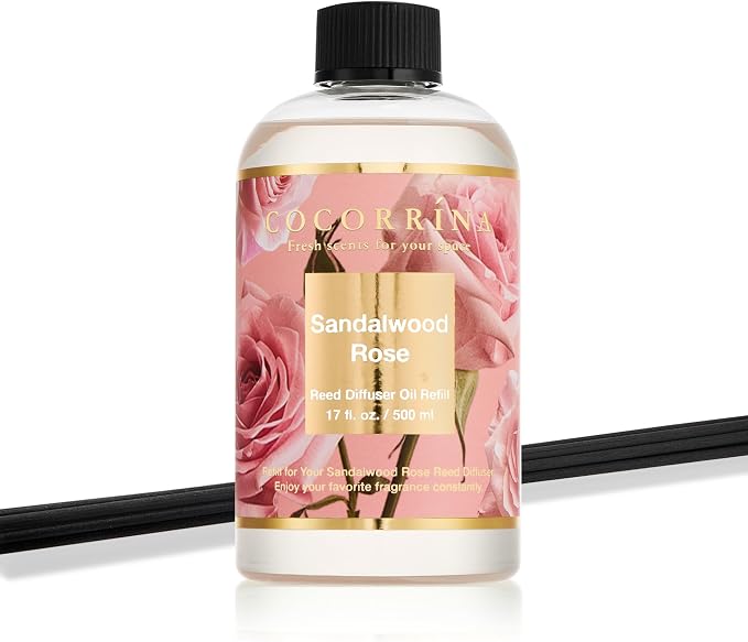 Reed Diffuser Refill Sandalwood Rose 17oz (500ml) with 8 Sticks - Premium Long-Lasting Floral Essential Oil, Home Fragrance for Bedroom, Bathroom Home Decor