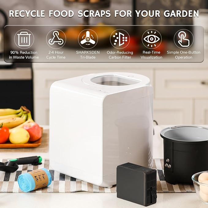 Airthereal R500-V Electric Composter, Visual Glass Cover, 2.5L, Pearl White | Visual Glass Cover, Upgraded SHARKSDEN Tri-blade, 90% Reduction in Waste Volume