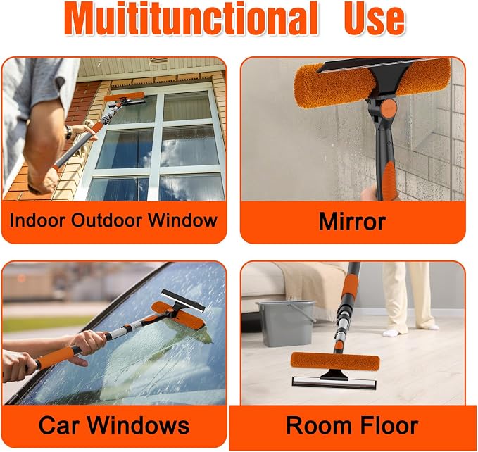 16FT Reach Window Squeegee Kit with Extension Pole, 2-in-1 Professional Washer for High Windows, 3-12FT Adjustable Reach, Rotatable Head for Indoor & Outdoor Use, Streak-Free Cleaning Tool for Home