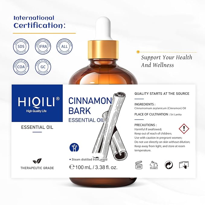 HIQILI Cinnamon Essential Oil for Spray, Skin Care, Diffuser | Brings Refreshing Mind Boost, Gentle Household Barrier, Versatile DIY & Full Space Odor Removal -100ml / 3.38 fl oz