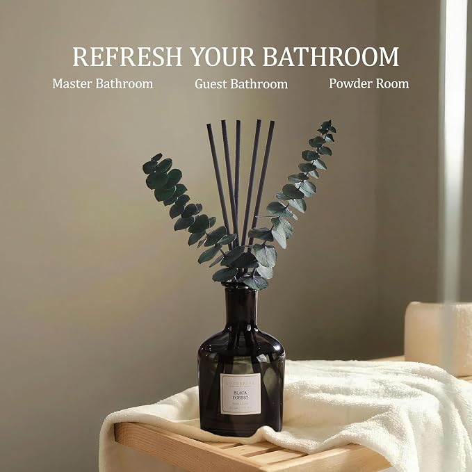 Black Forest Reed Diffuser, 6.76 oz | Real Dried Eucalyptus Leaves, 8 Reeds, Long-Lasting Essential Oil, Home Fragrance, Bedroom or Bathroom Décor