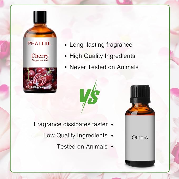 PHATOIL Cherry Fragrance Oil for Diffuser Aromatherapy 3.38FL.OZ | Long Lasting Scented Oils For Humidifier, Air Freshener, DIY Soap Candle, Scent Project Making, Aroma Oil for Home Freshening