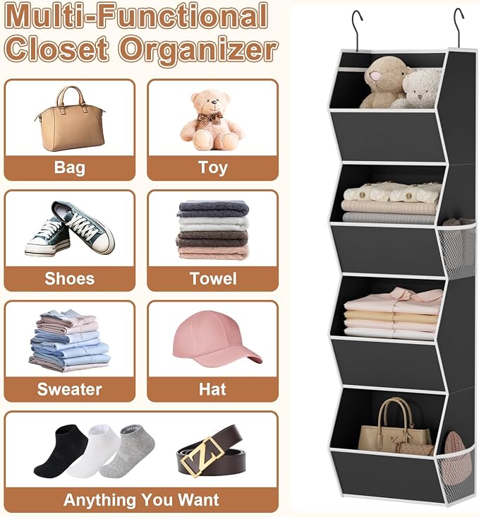Hanging Closet Organizer Bins for Closet Organization Storage 4 Shelf Black