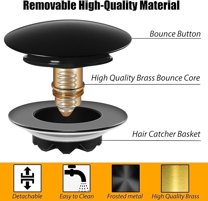 Anlige Bathtub Drain Stopper, Pop Up Tub Stopper and Cover, Bottom with Hair Catcher, Universal for 1.45 to 1.8in Drain, Replaces Old Drain Plug, Matte Black