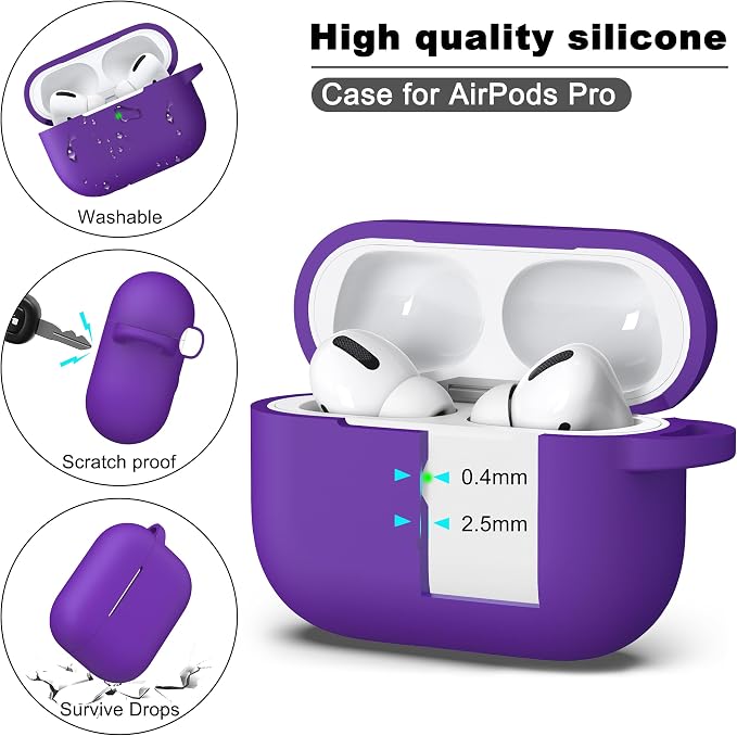 R-fun for AirPods Pro 2 Case, Soft Silicone Protective Cover with Keychain and Cleaning Pen, Compatible with AirPods Pro 2nd/1st Generation, Supports Wireless Charging, Purple
