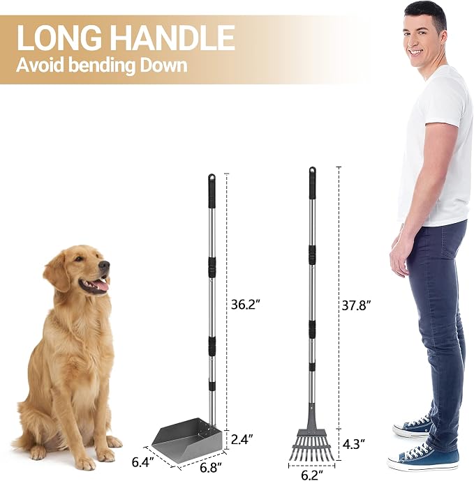 Dog Pooper Scooper, Dog Poop Tray and Rake Set with Long Stainless Handles | Pet Waste Removal Scoop with Adjustable Sectional Handles