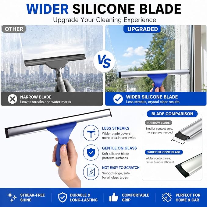Window Squeegee with 2 Sets Separate Pole, 12" Rubber Squeegee and 11" Microfiber Pads, 60"-73.6" Telescopic Window Cleaning Kit with Rotating Head for High Windows, Shower Glass, Car Windshield