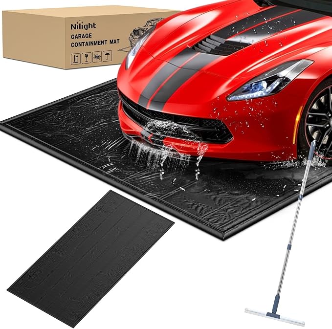 Nilight 8.6 x 22 FT Garage Floor Containment Mat with Edge for Under Car | Heavy Duty PVC, 1.4" Raised Edge, Waterproof, Easy to Clean, Include Squeegee, for Full Size Pickup Trucks SUVs Luxury Sedans