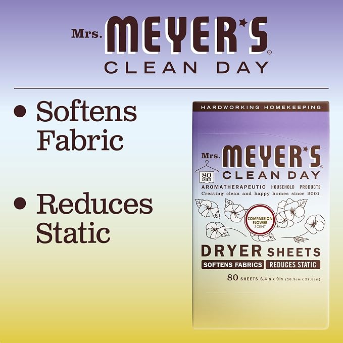 MRS. MEYER'S CLEAN DAY Dryer Sheets, Fabric Softener, Reduces Static, Infused with Essential Oils, Compassion Flower, 80 Count (Pack of 12)
