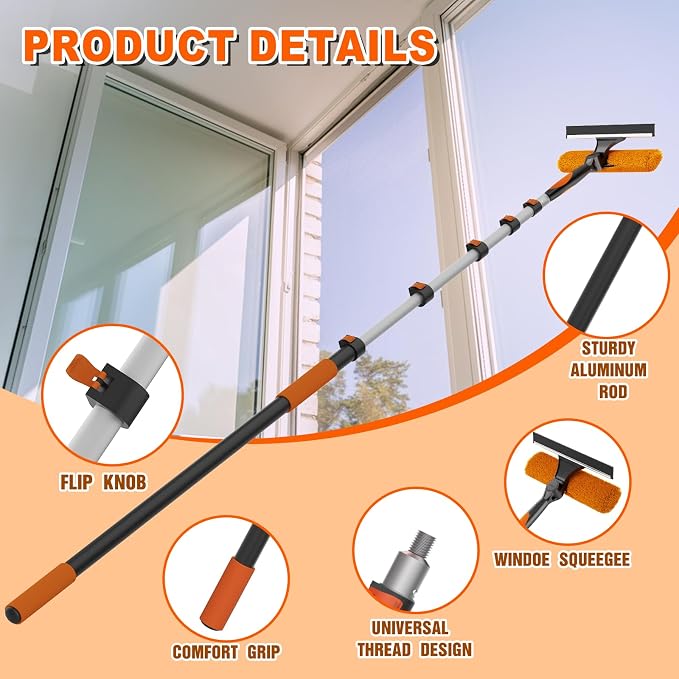 SISUPASSIE 30FT Reach 2-in-1 Window Squeegee, Professional Window Washing Kit with 5-24FT Extension Pole for Home, Indoor Outdoor Squeegee with Rotatable Head for High Windows