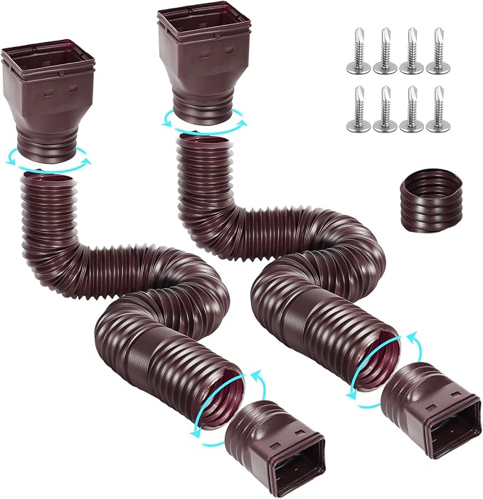 Gutterlix Flexible Gutter Downspout Extensions, Connectable Downspout Extender with 58"+ 67" Extendable Pipe, Thickened Down spout Drain Extension for Rainwater Drainage(2 Pack, Brown)