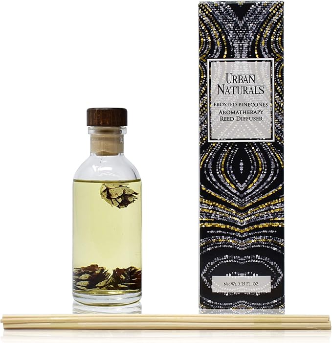 Reed Diffuser Set, Frosted Pinecones - Bathroom Shelf Décor | Holiday Scented, Pine, Cinnamon, Clove, Cedar wood, Sandalwood and Vanilla Bean Scent Notes