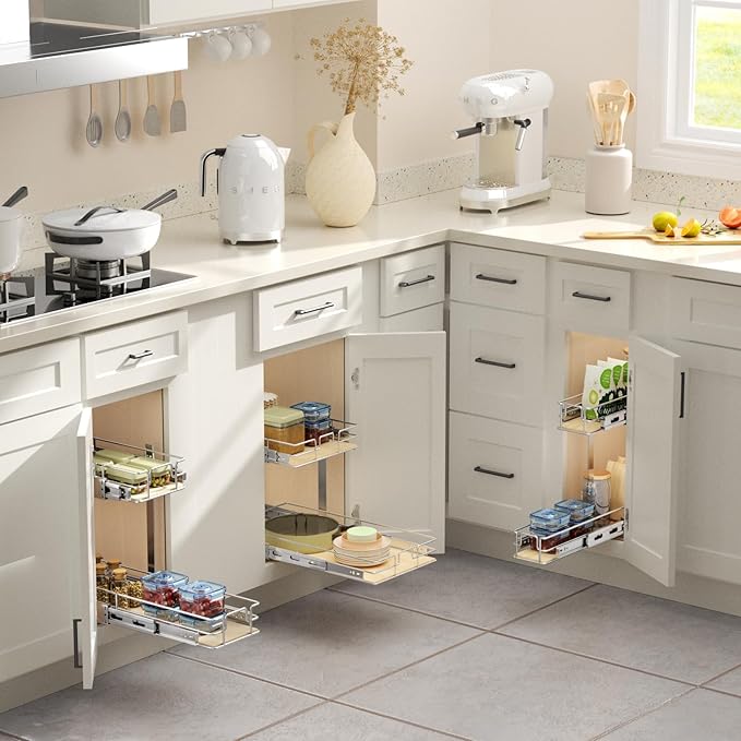 ROOMTEC 2 Tier Individual Pull Out Cabinet Organizer 5½"W x 21½"D, Slide Out Wood Shelves Organizers, Pull Out Drawers Organization and Storage for Kitchen Cabinet