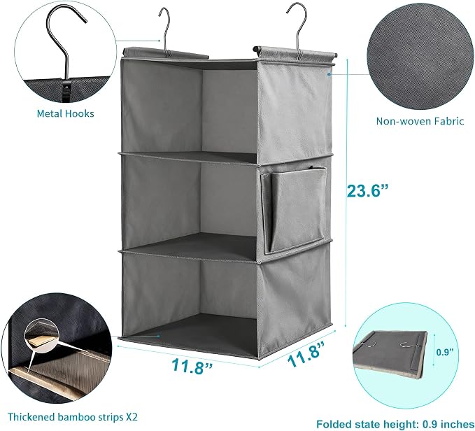 Hanging Closet Organizer, Foldable Shelves, Grey (3) | 3-tier hanging shelves for closets. Foldable, lightweight fabric holds clothes & shoes. Fits dorms, RVs, apartments. Grey