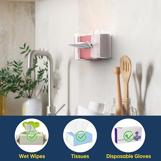 NiHome Clear Acrylic Glove Box Holder Tissue Box Dispenser, Wall Mount | Space-Saving Glove Box Dispenser, Adjustable Organizer for Tissues, Baby Wipes, Adhesive or Screw Mount for Kitchen, Bathroom