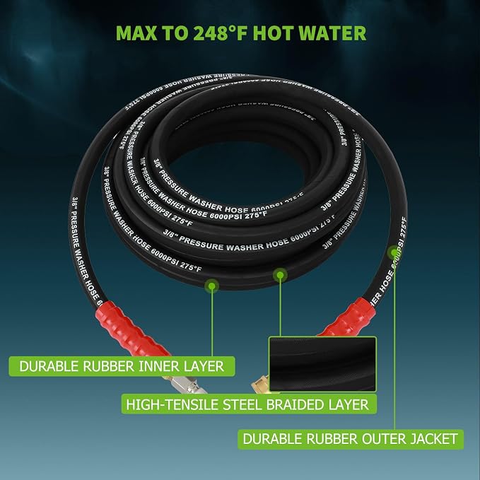 SCITOO 3/8" Pressure Washer Hose 50ft 6000psi 2-Braid Black Hot Water Pressure Washer Hose
