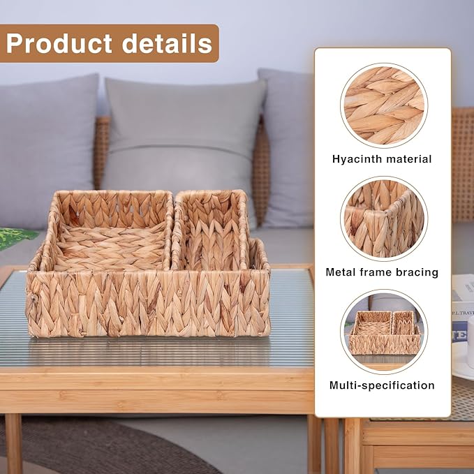 Handwoven Wicker Storage Baskets Set, Natural water hyacinth & Iron Frame | Triple Sizes (Small, Medium, Large) for Home Organizing, Bathroom, Shelves | Woven Baskets for Storage & Decor (Natural)