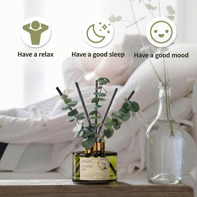 Reed Diffuser Set with 6.76 fl oz Jasmine Lily Scent Essential Oils and 3 Leaves & 8 Diffuser Sticks,Bathroom Shelf Decor & Air Freshener, House Bedroom Office Decor & Gifts