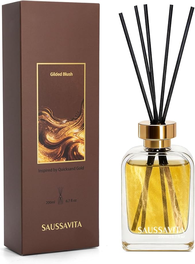 Reed Diffuser Set Gold White Flower Scent 6.76 fl oz for 120 Day | Vintage Rectangular Bottle, Gilded design, Suitable for Narrow Space, Long Lasting for Bathroom, Office, Shelf