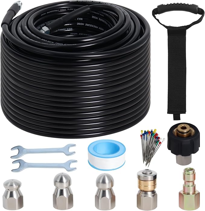 150FT Sewer Jetter Kit for Pressure Washer 5800PSI Drain Cleaner | 1/4" NPT Drain Cleaning Hose with 4 Jetting Nozzles Handle Strap and Accessories for Long Reach Cleaning
