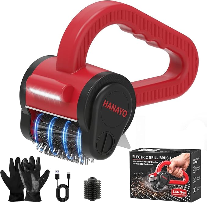 Electric Grill Brush, Rechargeable BBQ Grill Brush with High-Torque Motor, LED Light, Dishwasher-Safe Stainless Steel Rotary Brush Head,150 Mins Runtime Grill Brush for Outdoor Grill
