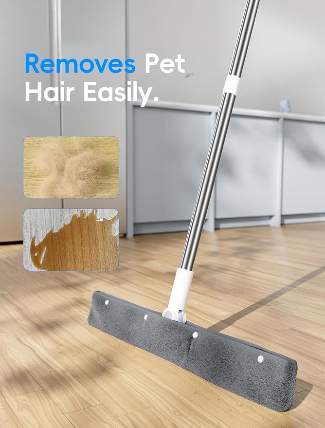 Floor Squeegee Broom with Long Handle, Heavy Duty Rubber Squeegee Kit, Scrubber for Tile Floor, Garage and Concrete, (Four Pieces of Fabric)