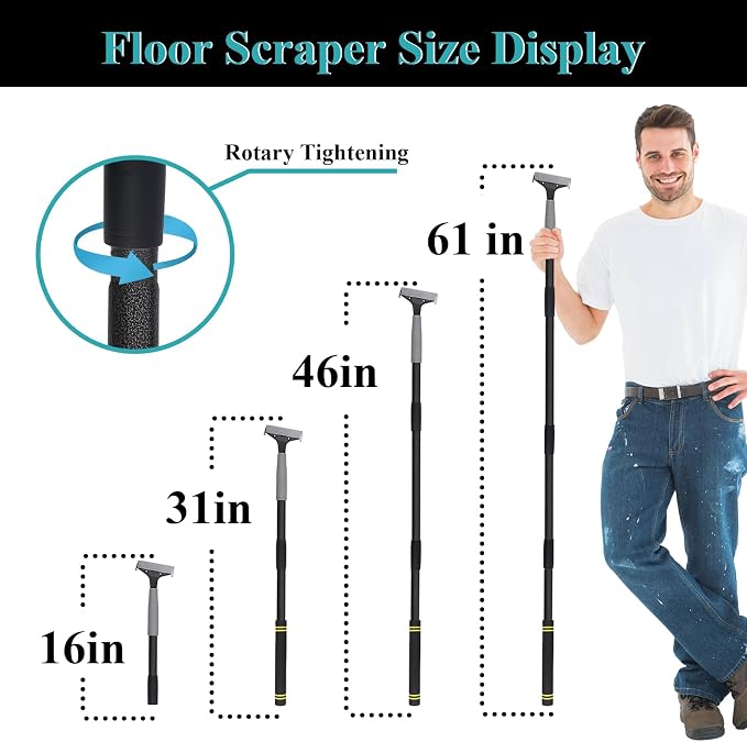 Floor Scraper Heavy Duty Long Handle,61in 4" Razor Blade Floor Scraper Adjustable with 10PCS Extra Metal Blades Paint Scraper for Cleaning Stickers Gum Glass Wall Tile Linoleum Stove Top