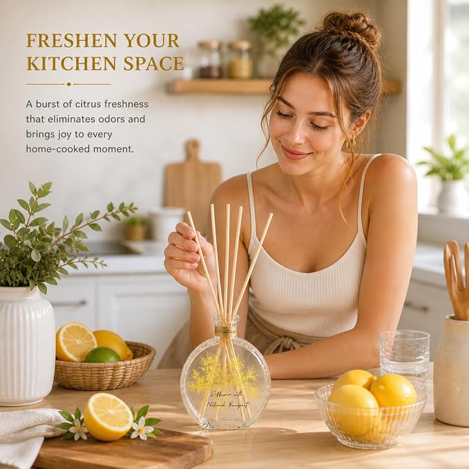 Citrus Reed Diffuser, 3.5 Fl Oz | Bright citrus scent; long-lasting reed diffuser gift set for bedroom, living room, bathroom or office relaxation.