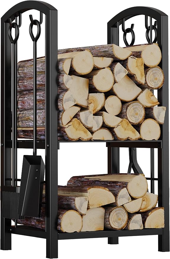 Fire Beauty Fireplace Firewood Log Rack 5-Piece Storage Logs Holder with Tools Set with 4 Tools Set Fireside Holders Wood Lumber Storage Stacking Black