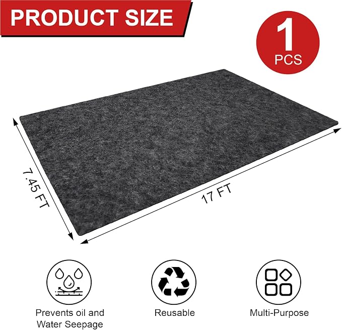 17' x 7.45' Garage Floor Mat for Under Car, Heavy-Duty Oil Spill Mat, Waterproof & Absorbent Garage Flooring, Non-Slip Protective Pad for Garage & Shop, Reusable & Washable with Adhesive Tape