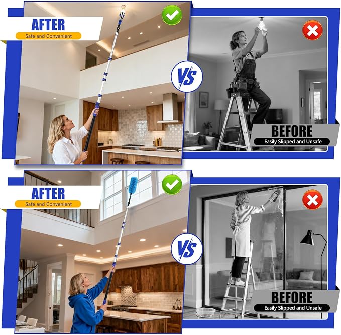 30FT High Ceilings Cobweb Dusters for Cleaning Kit with Extension Pole | Telescoping Lightbulb Changer,Spider Web Brush Extendable Duster,Ceiling Fan Cleaner and Window Squeegee Cleaning