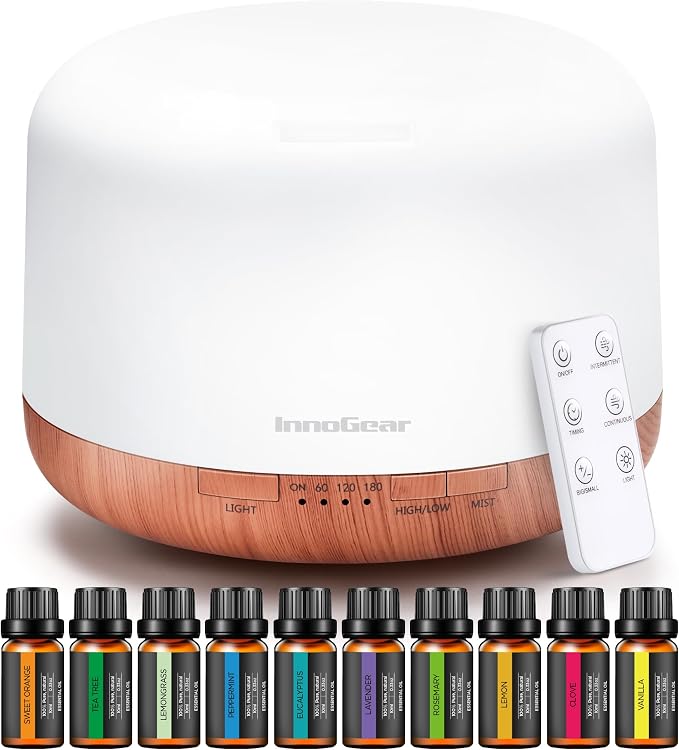 InnoGear 500ml Aromatherapy Diffuser for Home 10 Essential Oil Set, Yellow | Gift Set, Remote Control, Automatic Shut-Off, 4 Timers, Quiet, Run up to 18hrs, Cool Mist Humidifier, Large Room, Easy to Use