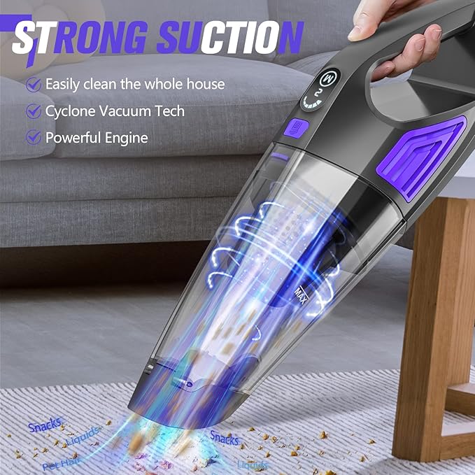 Handheld Vacuum Cordless Cleaner,Powerful Portable and Dust Buster Hand Vcauum Rechargeable with Large-Capacity Battery for CarPetOfficeHome (Dark Purple)