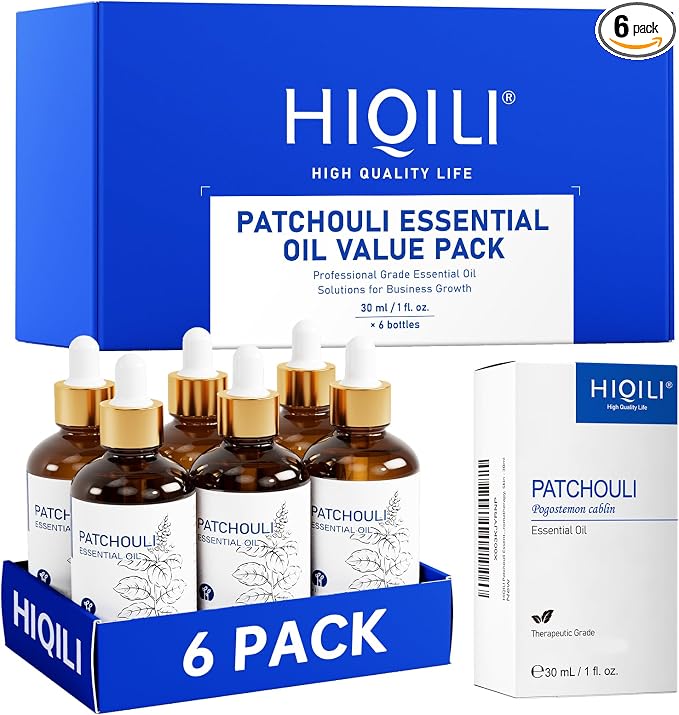 HIQILI Patchouli Essential Oil Set for Diffuser,Body Care,DIY Craft | Wholesale Bulk Set Ideal for Spa,Hotel,Home Use&Gifting,Perfect for Aroma Diffusion,Fragrance Blending-1 fl.oz/30ML×6 pack